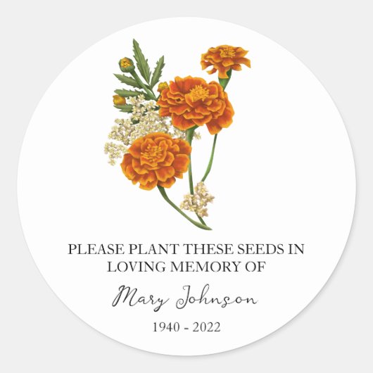 Marigold Memorial Funeral Seed Packet Ronde Sticker (Voorkant)