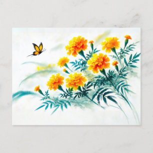 Marigold met Monarch Butterfly Asian Ink Painting Feestdagenkaart