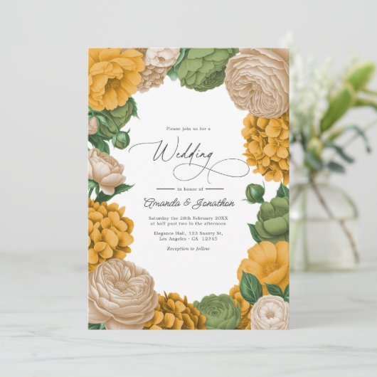 Marigold, Olive & Warm Cream Floral Wedding Kaart (Staand voorkant)