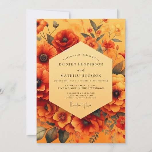 Marigold Painterly Poppy Wedding Kaart (Voorkant)