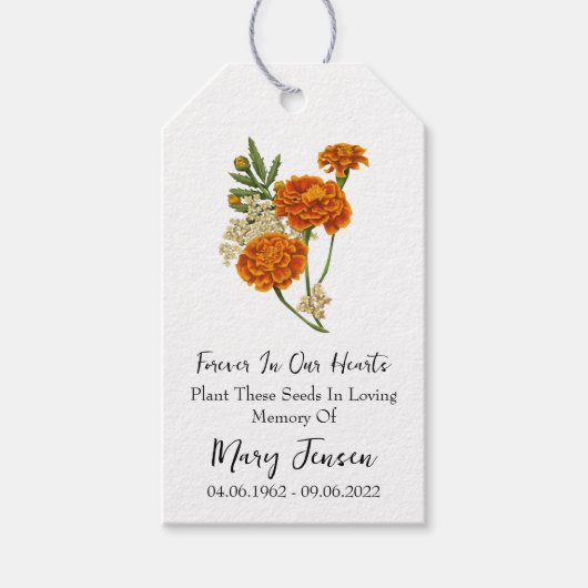 Marigold Seed Packet Memorial Begrafenisgeschenk L Cadeaulabel (Voorkant)