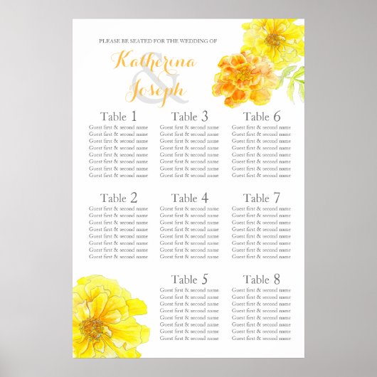 Marigold yellow Wedding Table Planner 1-8 Poster (Voorkant)