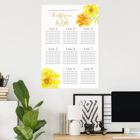 Marigold yellow Wedding Table Planner 1-8 Poster (Thuiskantoor)