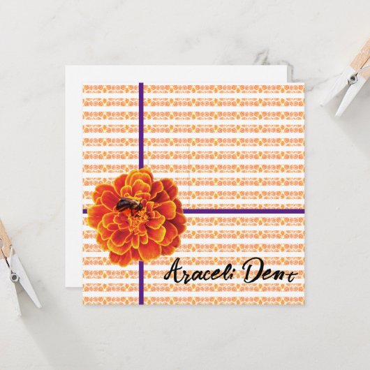 Marigolds en Bee Wenskaart Kaart (Voorkant / Achterkant in situ)