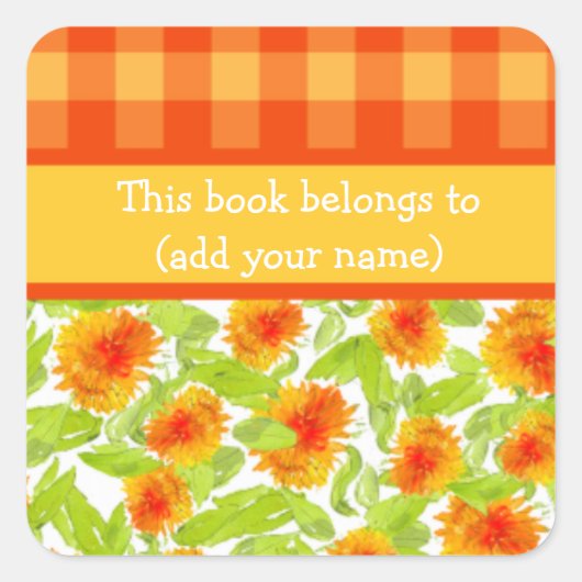 Marigolds en Check Gingham Blad van 20 Boekplaten Vierkante Sticker (Voorkant)