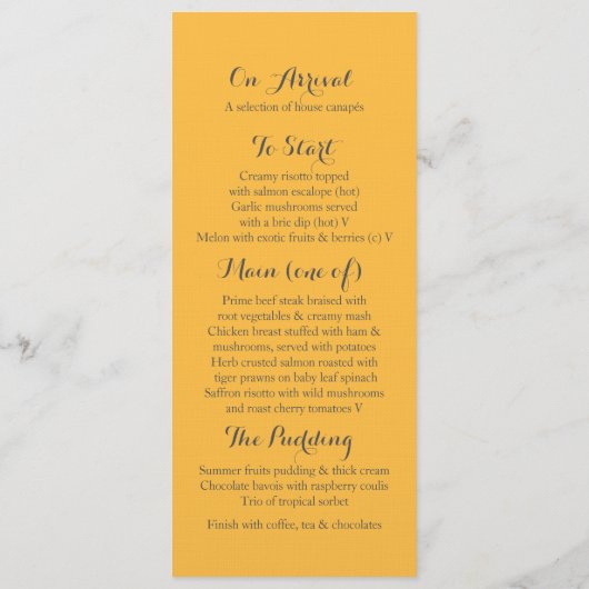 Marigolds stylized art bruiloft menu (Achterkant)