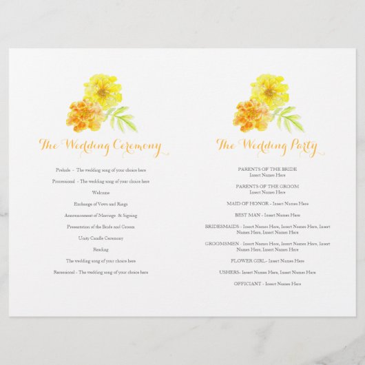 Marigolds waterverf yellow large Wedding Program (Achterkant)