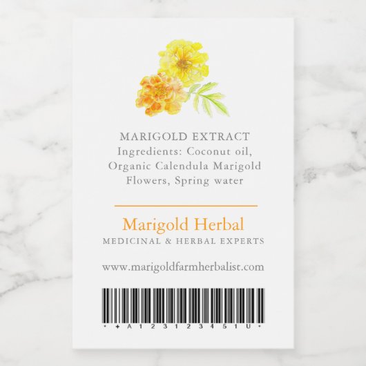 Marigolproduct ingrediënten en streepjescode-etike wijn etiket (Enkel label)
