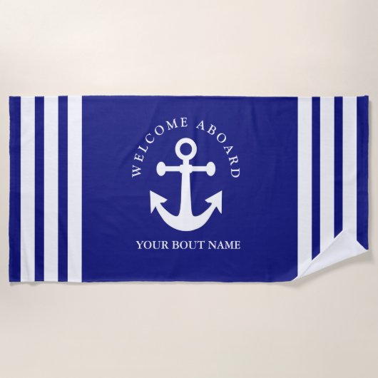 Marin Blauw Welkom Aan Boord Boot Naam Anker Strandlaken (Voorkant)
