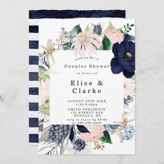 Marina Nautical Blooms Couples Shower Invitations (Voorkant / Achterkant)