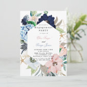 Marina Nautical Blooms Navy Blush Engagement Party Kaart (Staand voorkant)