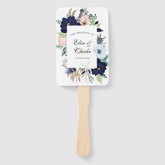 Marina Nautical Blooms Navy Blush Pink Weddenschap Handwaaier (Voorkant)