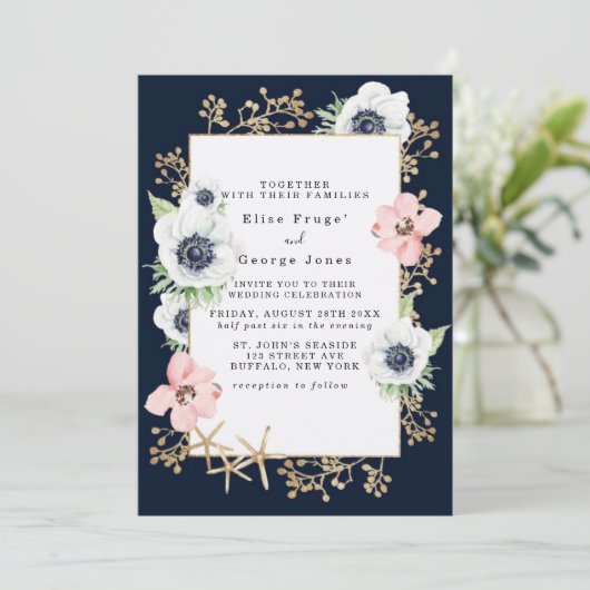 Marina Nautical Blooms Navy Blush Pink Weddenschap Kaart (Staand voorkant)