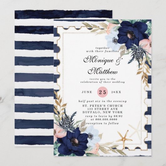 Marina Nautical Blooms Navy Blush Pink Weddenschap Kaart (Voorkant / Achterkant)
