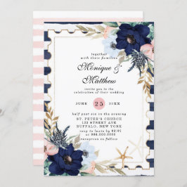 Marina Nautical Blooms Navy Blush Pink Wedding Inv Kaart