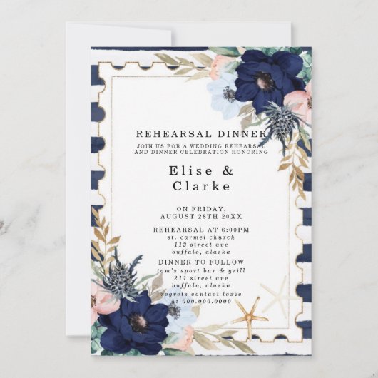 Marina Nautical Blooms Navy Blush Rehearsal Dinner Kaart (Voorkant)