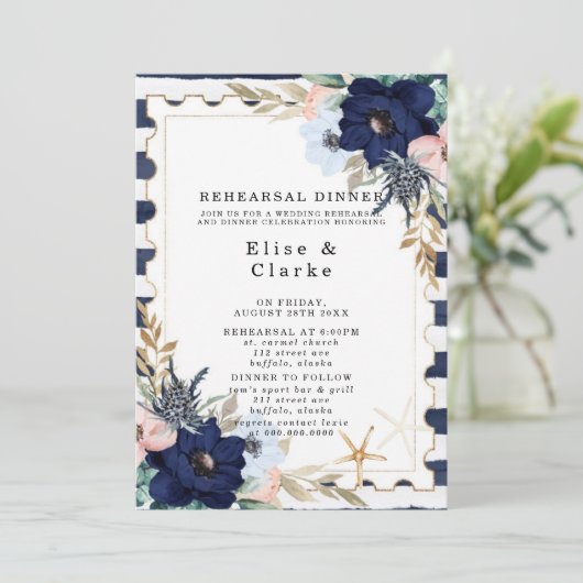 Marina Nautical Blooms Navy Blush Rehearsal Dinner Kaart (Staand voorkant)