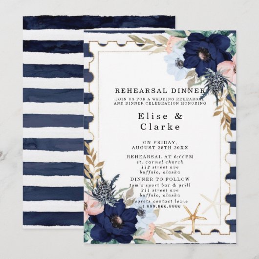 Marina Nautical Blooms Navy Blush Rehearsal Dinner Kaart (Voorkant / Achterkant)
