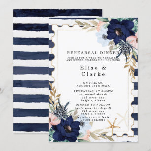 Marina Nautical Blooms Navy Blush Rehearsal Dinner Kaart