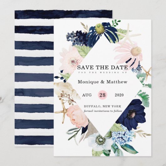 Marina Nautical Blooms Navy Blush Save the Date Kaart (Voorkant / Achterkant)
