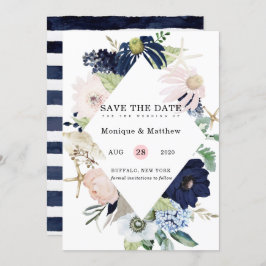 Marina Nautical Blooms Navy Blush Save the Date Kaart