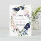 Marina Nautical Blooms Navy Blush Save the Date Kaart (Staand voorkant)