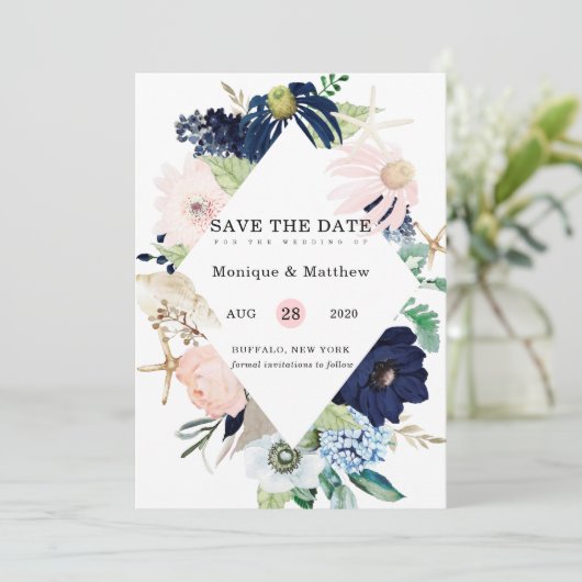 Marina Nautical Blooms Navy Blush Save the Date Kaart (Staand voorkant)