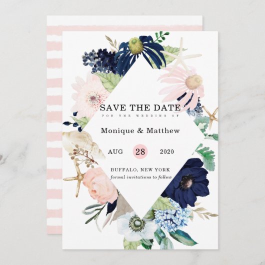 Marina Nautical Blooms Navy Blush Save the Date Kaart (Voorkant / Achterkant)