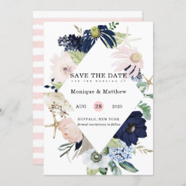 Marina Nautical Blooms Navy Blush Save the Date Kaart
