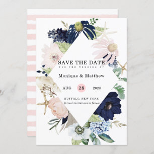 Marina Nautical Blooms Navy Blush Save the Date Kaart