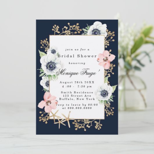 Marina Nautical Blooms Navy Blush Vrijgezellenfees Kaart (Staand voorkant)