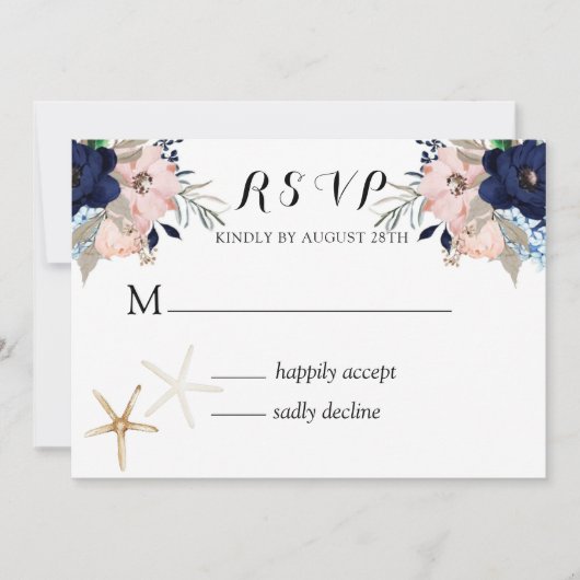 Marina Nautical Blooms Navy Blush Wedding RSVP in Kaart (Voorkant)