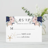 Marina Nautical Blooms Navy Blush Wedding RSVP in Kaart (Staand voorkant)