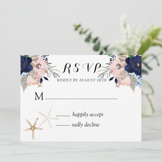 Marina Nautical Blooms Navy Blush Wedding RSVP in Kaart (Staand voorkant)