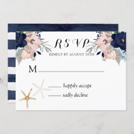 Marina Nautical Blooms Navy Blush Wedding RSVP Kaart