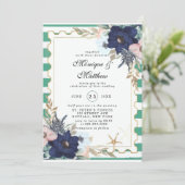 Marina Nautical Blooms Navy Pink Green Wedding Kaart (Staand voorkant)