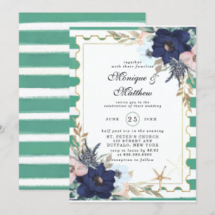 Marina Nautical Blooms Navy Pink Green Wedding Kaart