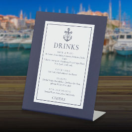 Marinblauw anker drankkaart reclamebord met voetstuk