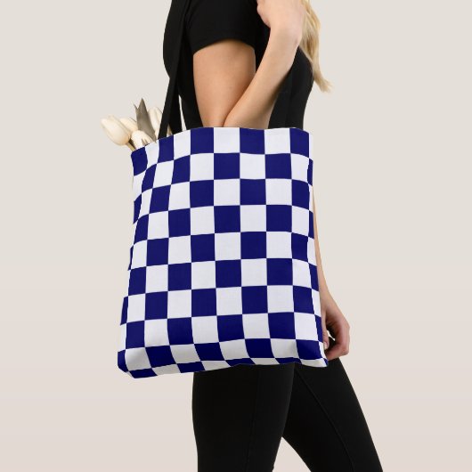 Marinblauw en wit geruit patroon tote bag (Dichtbij)