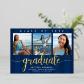 Marine-afscheid 3 foto modern schrift echte goud folie uitnodiging (Staand Voorkant)