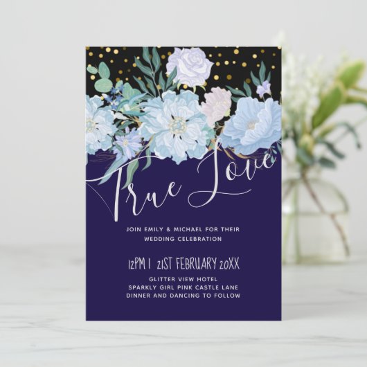 Marine aqua blauwe bloemige trouwbudget (Staand voorkant)