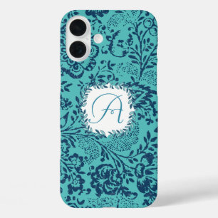 marine Aqua Mint Damask Monogram iPhone 16 Plus Hoesje