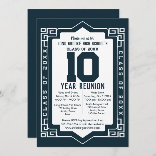 Marine Art Deco 10 jaar High School Class Reunion Kaart (Voorkant / Achterkant)