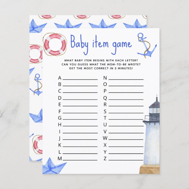 Marine Baby item spel. Baby shower spel (Voorkant / Achterkant)