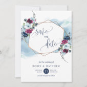 Marine, Berry, Bourgondië en Blue Floral bruiloft Save The Date (Voorkant)