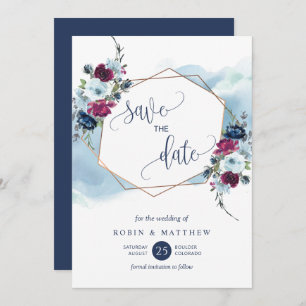Marine, Berry, Bourgondië en Blue Floral bruiloft Save The Date