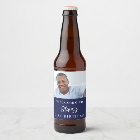 Marine blauw aangepaste foto welkom verjaardag bier etiket (Voorkant)