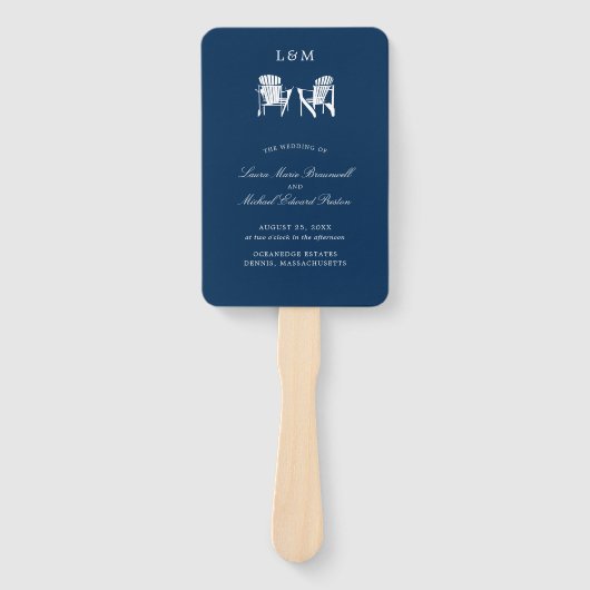 Marine Blauw Adirondack Stoelen Bruiloft Handwaaier (Voorkant)