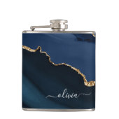 Marine Blauw Agaat Geode Goud Monogram Modern Heupfles (Voorkant)