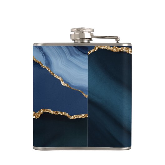 Marine Blauw Agaat Geode Goud Monogram Modern Heupfles (Achterkant)